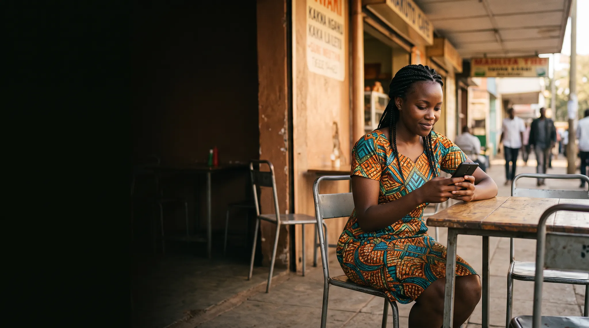 Kenyan woman using Karani on her phone at a Nairobi café